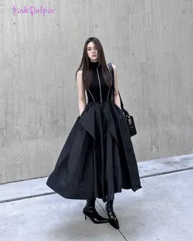 2023 Летняя Корейская мода, Винтажные Черные платья Миди без рукавов, Женское Готическое Классическое Асимметричное платье на молнии в стиле пэчворк.