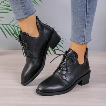 2023, Новая модная повседневная женская обувь, однотонная женская обувь на шнуровке с круглым носком, на массивном каблуке, женские модельные туфли