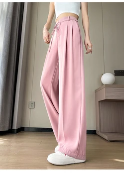 2023 Новые женские белые брюки для костюма с высокой талией, Летние прямые облегающие Розовые Черные повседневные женские брюки с широкими штанинами во всю длину