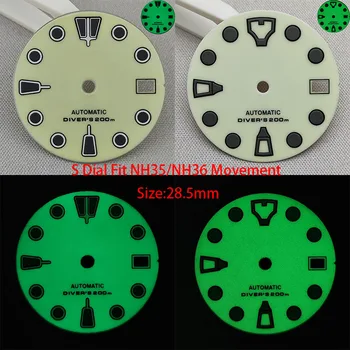 28,5 мм циферблат NH35 NH36 Циферблат часов S циферблат зеленый светящийся циферблат Подходит для механизма NH35 NH36 аксессуары для часов Инструмент для ремонта часов