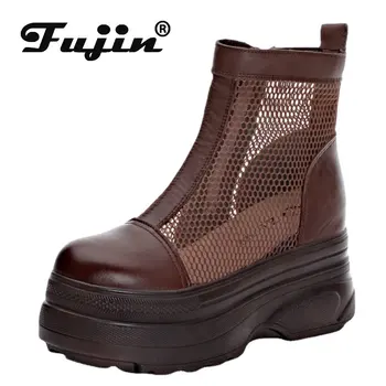 Fujin/ Новые ботильоны с круглым носком из воздушной сетки 8 см, летние женские ботинки в британском стиле, на платформе до середины икры, на танкетке, обувь из натуральной кожи на МОЛНИИ.