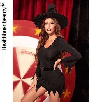 HB2375, Новый дизайн костюмов, юбка для косплея, черная сексуальная облегающая одежда для взрослых женщин, платье на Хэллоуин со шляпой и поясом