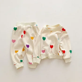 INS Комплект одежды для новорожденных от 0 до 3 лет Для мальчиков и девочек, толстовка с длинными рукавами и принтом воздушного шара в виде сердца, топы + Длинные брюки, осенняя одежда из 2 предметов