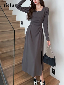 Jielur, Осеннее новое французское женское платье с длинными рукавами, модное тонкое вязаное женское платье с разрезом, Серое, черное повседневное уличное платье, женское