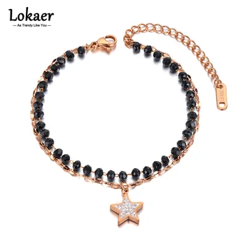 Lokaer Двухслойный браслет-цепочка из нержавеющей стали с черным кристаллом Для женщин, ювелирные изделия со стразами в богемном стиле, браслет-подвеска в виде звезды, B21081