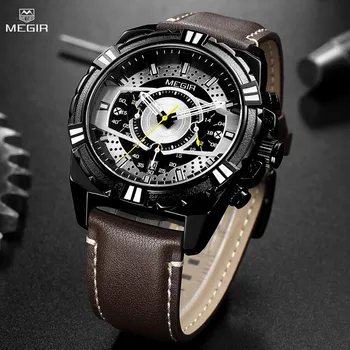MEGIR Роскошные повседневные часы для мужчин, модные кожаные Спортивные военные наручные часы, календарь, Люминесцентные кварцевые мужские часы Montre Homme