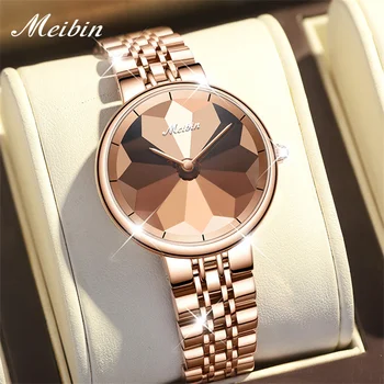 MEIBIN Новые Модные Кварцевые часы Rhombus для женщин из нержавеющей стали, водонепроницаемые Роскошные Женские часы из розового золота Relogio Feminino