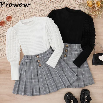Prowow/ Осенне-зимняя одежда для больших детей от 8 до 14 лет, школьный костюм для девочек, топ с пышными рукавами + плиссированные клетчатые юбки на пуговицах, подростковая одежда