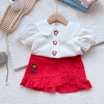 PTKPCC Блузка с коротким рукавом, рубашка и юбка для девочек, модный летний комплект одежды с цветочным рисунком, комплект одежды для маленьких девочек, комплект одежды для детей
