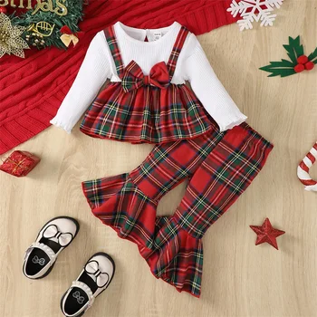 Suefunskry, Рождественский комплект из 2 предметов для маленьких девочек, лоскутная футболка с длинными рукавами и бантом, клетчатые брюки-клеш, осенний комплект одежды