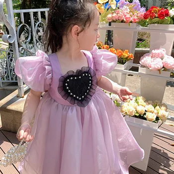 Атласное шелковое платье с пышными рукавами для девочек, детская модная одежда, милое детское платье для вечеринки по случаю дня рождения, модная одежда принцессы