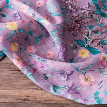 Высококачественная натуральная ткань рами с растительным цветочным принтом фиолетового цвета, ткань с цветочным принтом LAN, высококачественные ткани для платья чонсам