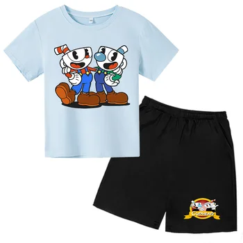 Детская футболка с чашечками и штанами для девочек, комплект из двух предметов, детская одежда для малышей с 3D рисунком для девочек, детская одежда для малышей, 3, 4, 5, 6, 7-14 лет