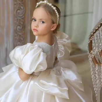 Детские белые платья принцессы, элегантное бальное платье с пышными рукавами для девочек, детская праздничная одежда, платье с бабочкой и бантом для подростков
