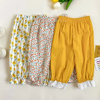 Детские брюки для девочек, одежда, шифоновая талия, детские противомоскитные брюки ярких цветов, летние дышащие спортивные брюки
