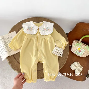 Детский комбинезон с вышивкой 0-2 лет, осенний комбинезон с кружевным воротником для девочек, одежда для новорожденных