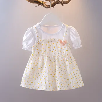 Детское летнее платье с коротким рукавом и цветочным рисунком для девочек, летнее платье для маленьких девочек, тонкая детская юбка