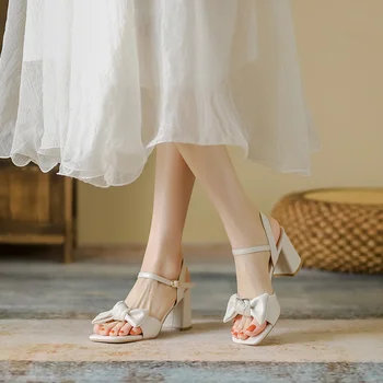 Женские босоножки на высоком квадратном каблуке 8 см, 2023 Летние женские Мягкие Удобные кожаные сандалии с ремешками на лодыжках с бабочкой