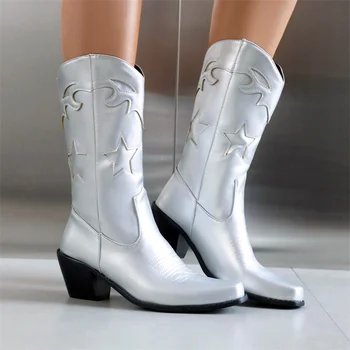 Женские ботинки до середины икры в стиле ретро-вестерн с резьбой в виде звездочек на высоком каблуке для отдыха, черные женские туфли 2023 размера плюс 43
