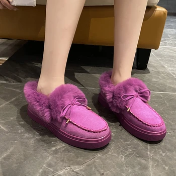 Женские зимние ботинки 2023 года, новые туфли на плоской подошве с бантом, меховая плюшевая теплая хлопчатобумажная обувь, Зимние дизайнерские замшевые ботильоны, Прогулочная обувь 43 размера