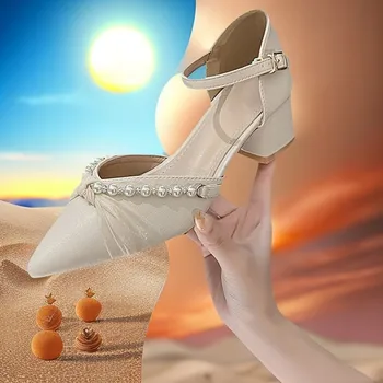 Женские сандалии, новинка 2023 года, тонкие туфли Mary Jane с жемчужной пряжкой в виде слова, летние модные универсальные толстые женские сандалии