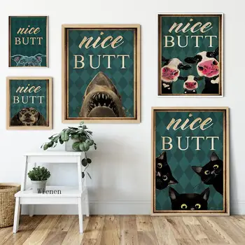 Забавная картина для декора ванной комнаты Черная кошка Акула Коровы Собака Винтажные плакаты на холсте и принты Настенное искусство для декора гостиной