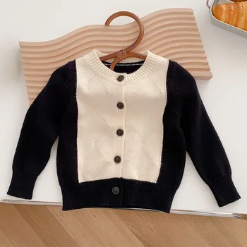 Кардиган для мальчиков, вязаный в стиле пэчворк, весенне-осенняя детская одежда, модные свитера для малышей