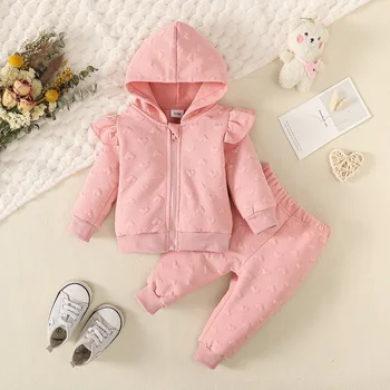 Комплект весенне-осенней одежды для маленьких девочек, розовый топ с капюшоном и длинными рукавами + штаны, повседневная одежда для новорожденных с принтом 