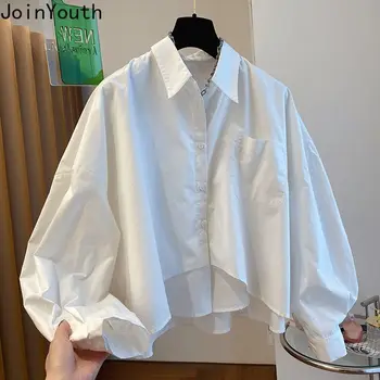 Корейская Белая Блузка Женская 2023 Blusas Mujer De Moda Повседневные Темпераментные Топы Оверсайз Модные Нерегулярные Хлопчатобумажные Рубашки Блузки