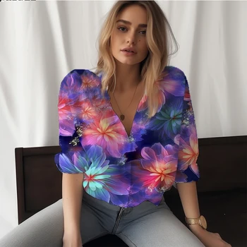 Летняя новая женская рубашка с ярким цветочным 3D-принтом, женская рубашка в повседневном стиле, модный тренд, высококачественная женская рубашка