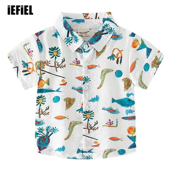 Летняя рубашка с гавайским принтом для маленьких мальчиков, повседневная рубашка с коротким рукавом и отложным воротником на пуговицах для пляжного отдыха в тропиках