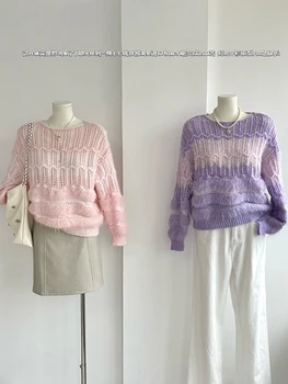 Милый полосатый свитер в опрятном стиле, Женский вязаный пуловер Оверсайз с круглым вырезом, Свободный Корейский модный повседневный джемпер Kpop, осень-зима