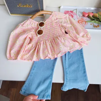 Модная одежда для девочек 2023 года, модная одежда с длинными рукавами, детская рубашка в стиле принцессы, топ для кукол, джинсовые расклешенные брюки, верхняя одежда. Брюки