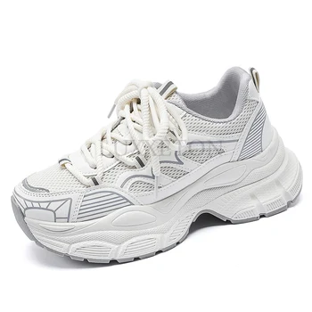 Модные Сетчатые кроссовки 2023 года, Модная Дышащая Кожаная Вулканизированная обувь на шнуровке, Удобная теннисная женская обувь на платформе с круглым носком Vulcani