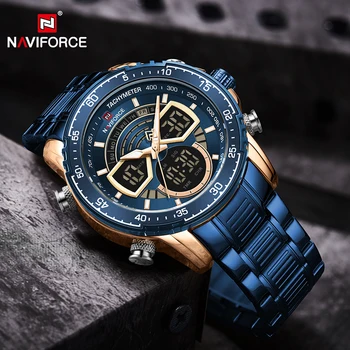 Мужские часы NAVIFORCE Люксового бренда, модные Спортивные Деловые кварцевые наручные часы, водонепроницаемые Цифровые Аналоговые часы из нержавеющей стали