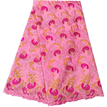 Новейшая швейцарская кружевная ткань с розовой вышивкой и камнем, африканская кружевная ткань, высококачественное швейцарское вуалевое кружево 5 ярдов для свадьбы PL18502