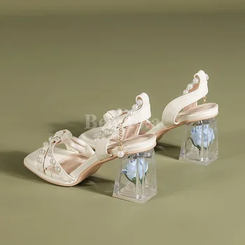 Новые Прозрачные босоножки на массивном каблуке в цветочек в сказочном стиле, женские свадебные туфли на необычном каблуке с открытым носком, Маленький размер 33