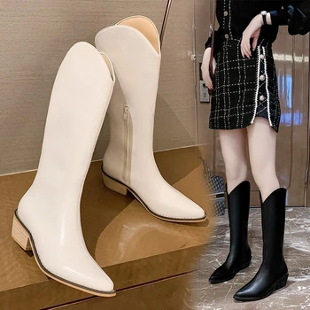 Новые сексуальные женские ботинки на квадратном каблуке с острым носком, модные однотонные водонепроницаемые ботинки с боковой молнией, женская легкая спортивная обувь