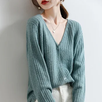 Новый женский жакет-кардиган в корейском стиле, мягкий и приятный для кожи топ, V-образный вырез, выдолбленный свитер тонкой вязки