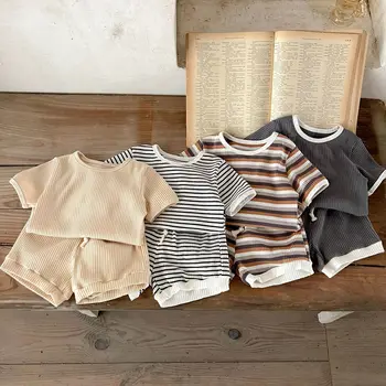 Одежда для младенцев от 0 до 3 лет, летняя футболка в полоску для мальчиков, детские трикотажные хлопковые шорты с круглым вырезом и коротким рукавом для девочек, комплект из 2 предметов