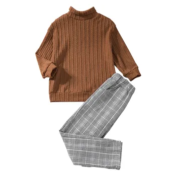 Однотонная одежда для детей Для маленьких мальчиков, однотонные топы с длинными рукавами, Клетчатые брюки, повседневный комплект одежды из двух предметов, roupa infantil