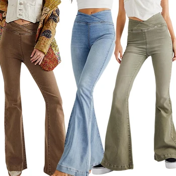 Однотонные женские джинсовые брюки, облегающие эластичные брюки, повседневные винтажные брюки-клеш с высокой талией, повседневный наряд