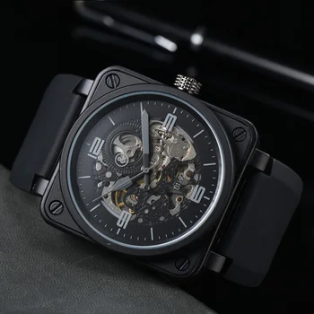 Оригинальные брендовые мужские автоматические механические часы Bell Коричневая кожа Черная резина Ross 46 мм выдалбливают большой циферблат AAA Мужские для часов