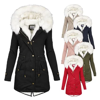 Осенне-зимний тренч средней длины с белым меховым воротником, капюшоном, теплое женское пальто из флиса