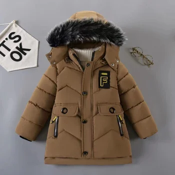 Осенне-зимняя куртка для мальчиков 2-10 лет, теплое пальто с меховым воротником для маленьких девочек, верхняя одежда на молнии с капюшоном, детский плюшевый тренч