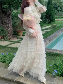 Осенний нежный женский костюм во французском стиле, рубашка с длинными рукавами в дворцовом стиле, элегантный белый слоеный торт, длинная юбка, комплект из 2 предметов
