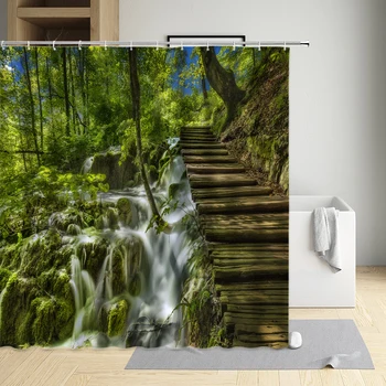 Природный пейзаж Водопад Занавеска для душа Горный лес Кленовый лист Бамбук Моющаяся ткань для ванной Декор ванной комнаты Экран ванны