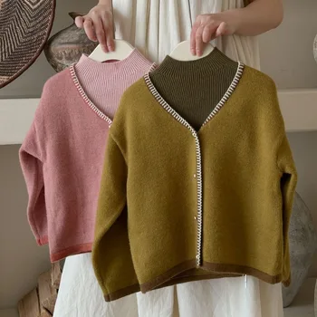 Свободный вязаный мягкий свитер с V-образным вырезом для девочек, кардиган, Топ2023, весна-осень, новая модная Корейская детская одежда