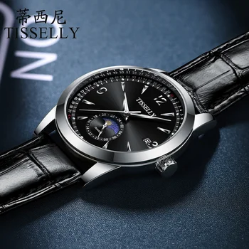 Трендовые Мужские спортивные водонепроницаемые часы из натуральной кожи Черного цвета высокого качества со светящимися стрелками 시계 명품 TISSELLY