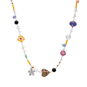 Уникальный дизайн, красочное акриловое ожерелье с цветочным кулоном, женское колье из бисера